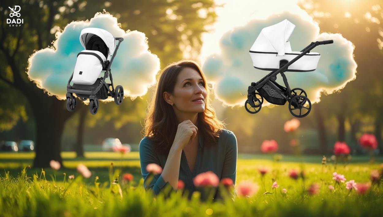 Kobieta zastanawia się, do kiedy używać wózka dziecięcego – grafika z gondolą i spacerówką w chmurkach myśli.